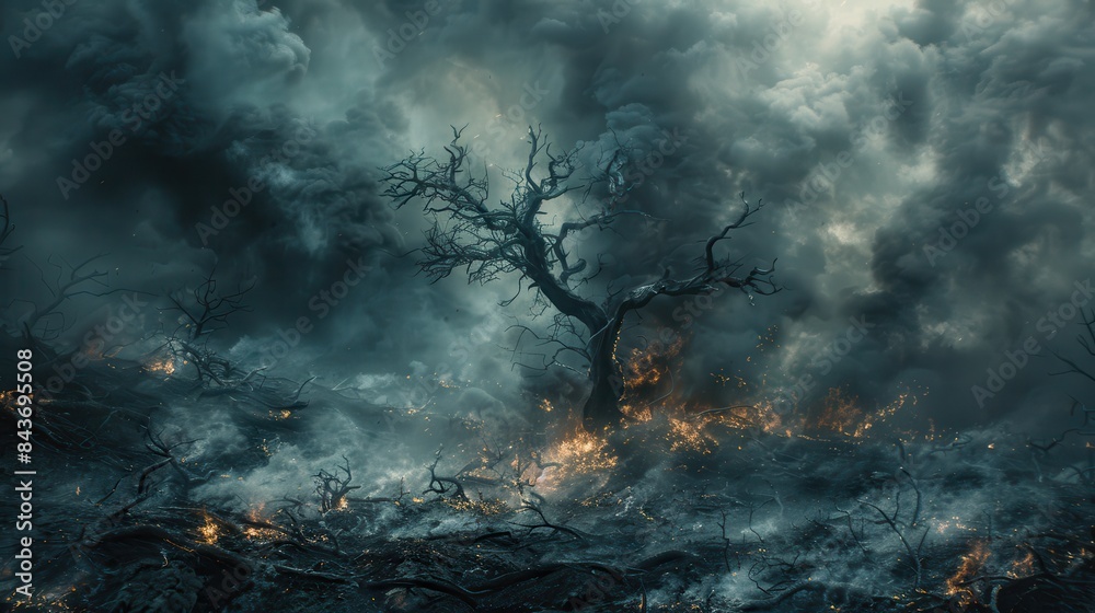 A solitary tree stands amidst a smoky, desolate landscape, engulfed in flames, portraying a scene of destruction and chaos. A solitary tree stands amidst a smoky, desolate landscape, engulfed in flames, portraying a scene of destruction and chaos.