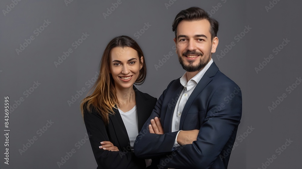 Business partners posing in front of gray background looking at camera and smiling : Generative AI Business partners posing in front of gray background looking at camera and smiling : Generative AI