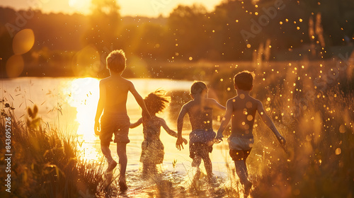 A group of children playing near a sparkling lake at sunset. holding hands and running forward together. with their backs to us. 