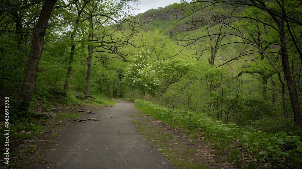 Long Empty Hiking Trail with Green Trees at Hudson Highlands State Park in Cold Spring New York : Generative AI Long Empty Hiking Trail with Green Trees at Hudson Highlands State Park in Cold Spring New York : Generative AI