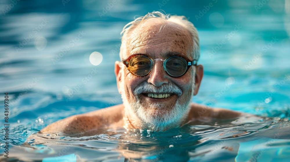 Naklejka premium Portrait of a smiling senior male in water in pool