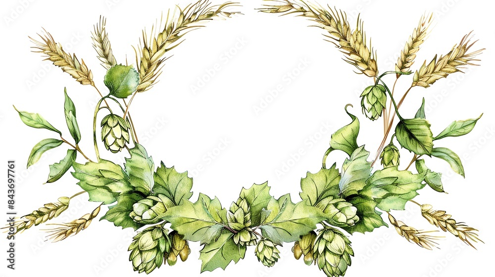 Naklejka premium Watercolor wreath of wheat and hops, perfect for beer or brewery branding.