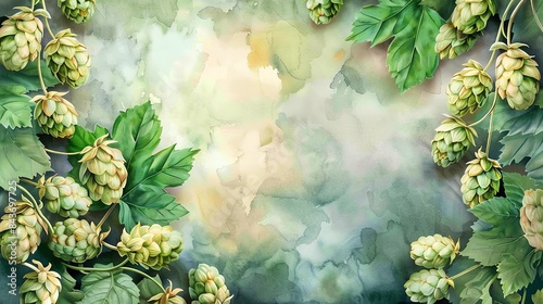 Watercolor painting of green hops on a textured background. photo