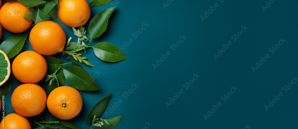 blue background with oranges and green leaves on the right side, flat lay, top view, copy space concept - blue background with oranges and green leaves on the right side, flat lay, top view, copy space concept -