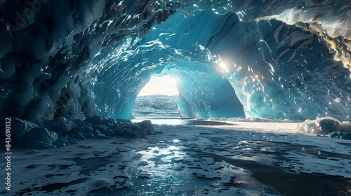 A network of ice tunnels winds beneath the frozen landscape with sun rays in background © jimmy