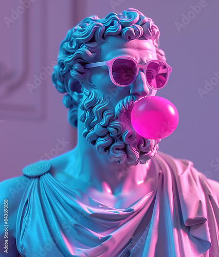 Classical male bust sculpture chewing bubblegum and wearing sunglasses
