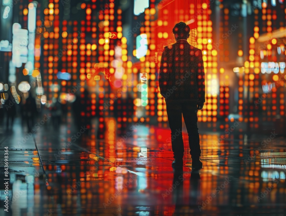 Fototapeta premium The weight of global financial pressures, a businessman is submerged in market data and economic anxiety.