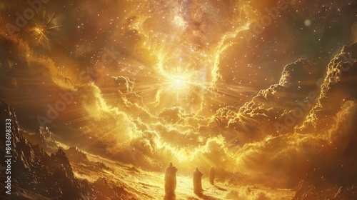 The vivid scene of celestial beings descending upon a golden landscape, a powerful depiction of divine intervention and spiritual enlightenment.