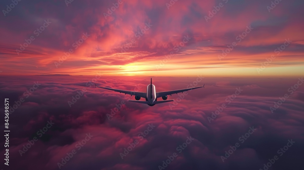 Airplane soaring over the vividly colored sunset sky beyond the clouds horizon Airplane soaring over the vividly colored sunset sky beyond the clouds horizon