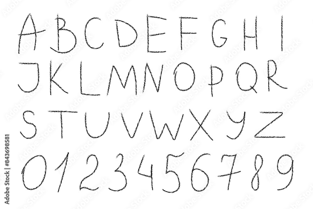 Drawing in black charcoal or wax pencil on a white sheet. Hand drawings. Alphabet, letters, numbers. Drawing in black charcoal or wax pencil on a white sheet. Hand drawings. Alphabet, letters, numbers.