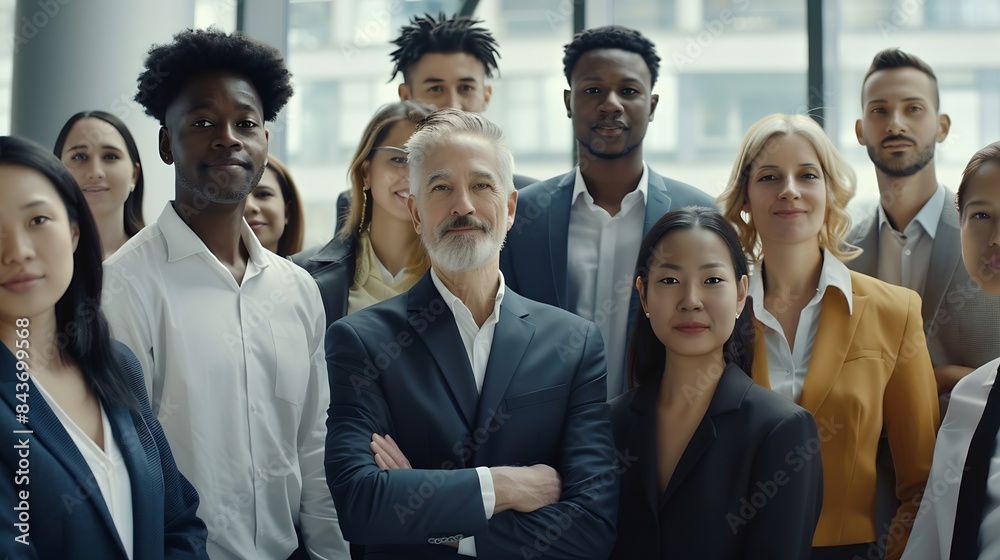 Obraz premium Portrait of successful group of business people at modern office looking at camera Portrait of happy businessmen and satisfied businesswomen standing as a team Multiethnic group of peo : Generative AI