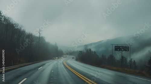 Moorefield West Virginia Allegheny mountains driving with exit sign car point of view on road to Dolly Sods with cars in traffic on highway and overcast cloudy mist fog sky weather : Generative AI photo