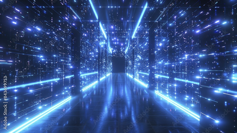 Exploring the digital grid, where blue neon lines and scattered lights weave the core of contemporary tech networks Exploring the digital grid, where blue neon lines and scattered lights weave the core of contemporary tech networks