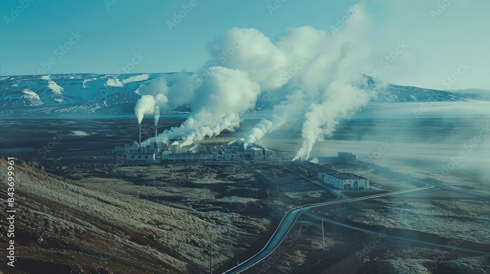 Fototapeta premium Geothermal power plant with steam rising from the ground.