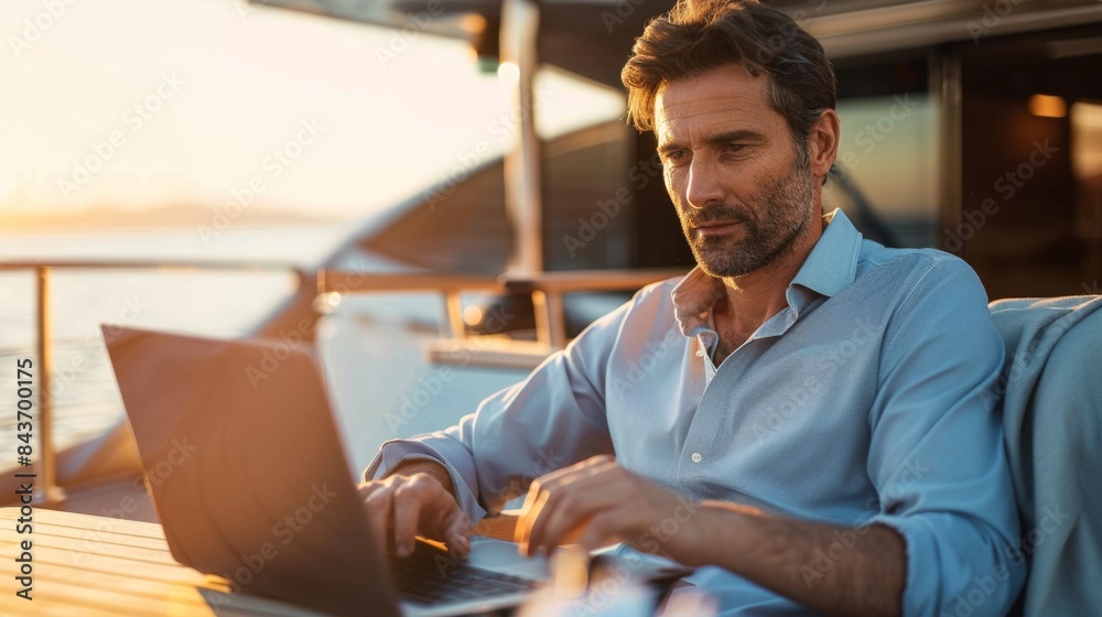 A mid-age male working on laptop computer on deck of a luxury yacht. Remote working concept. A mid-age male working on laptop computer on deck of a luxury yacht. Remote working concept.