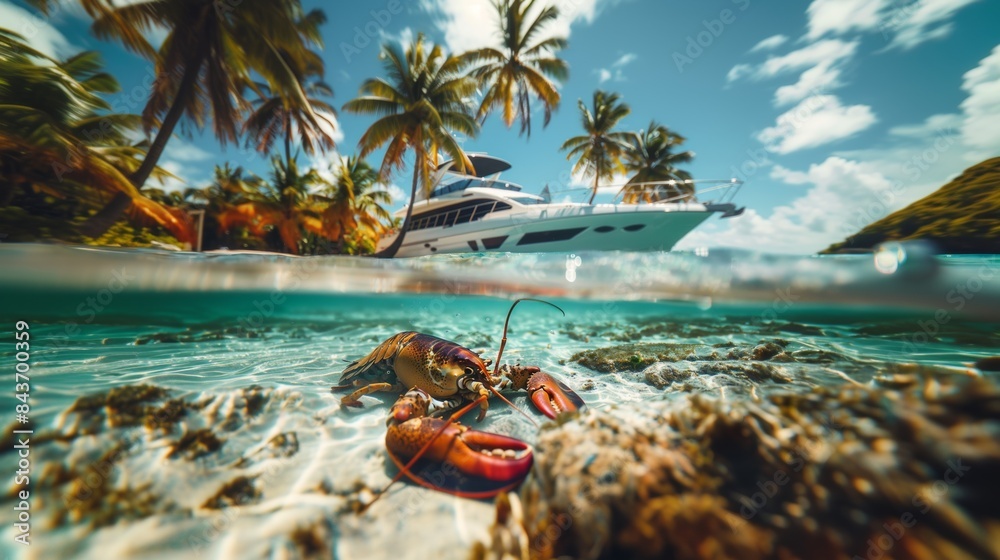 Beautiful lobster underwater with tropical palm tree island and yacht in sea.