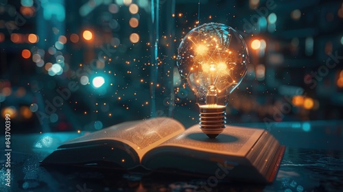 Glowing light bulb and book or text book with futuristic icon. Self learning or education knowledge and business studying concept. Idea of learning online class or e-learning at home