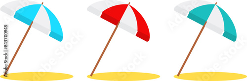 Beach umbrella, set of multi-colored beach umbrellas, with shadow, isolated on a white background. Vector, design illustration. Vector.