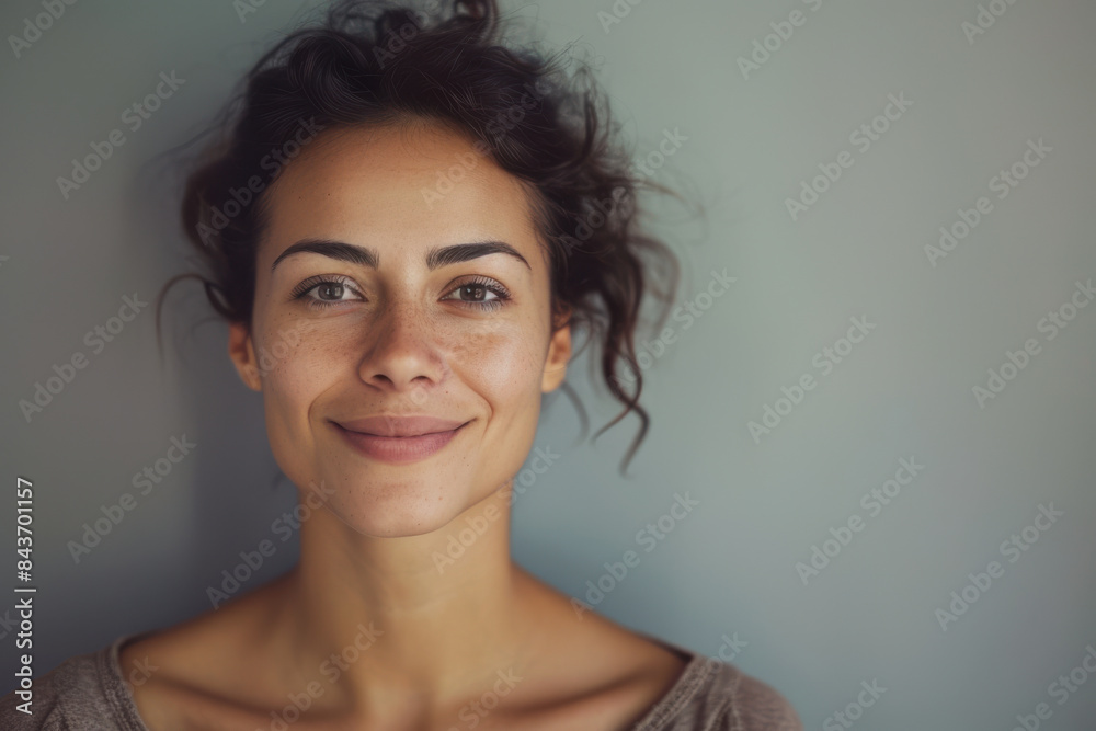 A close up portrait of a young woman with a subtle smile A close up portrait of a young woman with a subtle smile