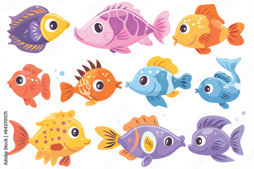 Set of cartoon cute sea animals isolated in white background, Cute sea life creatures cartoon animals with fish octopus jellyfish isolated vector illustration. set of cute happy fish Characters. Set of cartoon cute sea animals isolated in white background, Cute sea life creatures cartoon animals with fish octopus jellyfish isolated vector illustration. set of cute happy fish Characters.