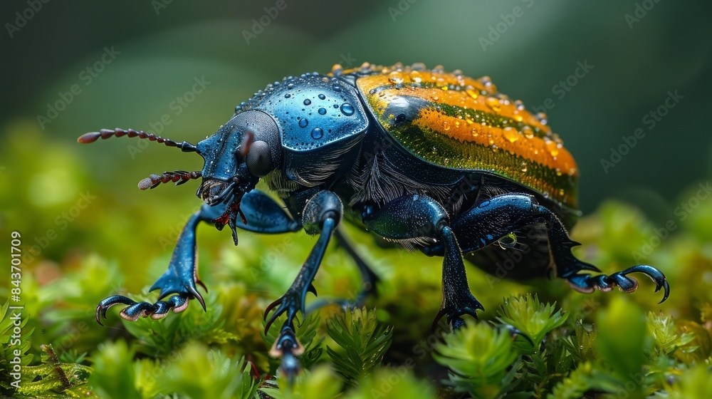 A beetle crawling on the forest floor, showcasing its shiny, armored body. A beetle crawling on the forest floor, showcasing its shiny, armored body.