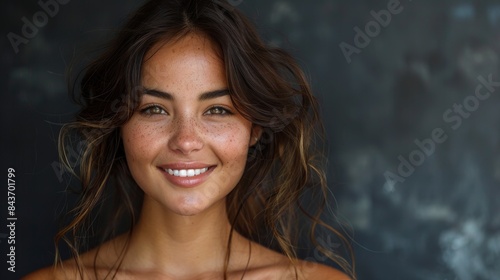 Close-up portrait of a naturally beautiful young woman with freckles smiling at the camera