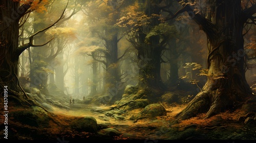 Fantasy autumn forest with fog and sunbeams. Panorama