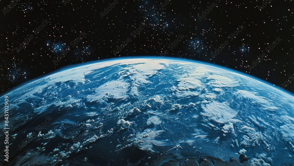 Obraz premium Earth hangs low on the horizon, a blue-and-white jewel against the black velvet of space.