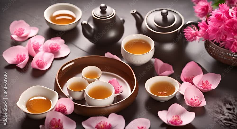 Top view of a bowl of Chinese tangyuan on a table with a set of teapots and flower petals Top view of a bowl of Chinese tangyuan on a table with a set of teapots and flower petals