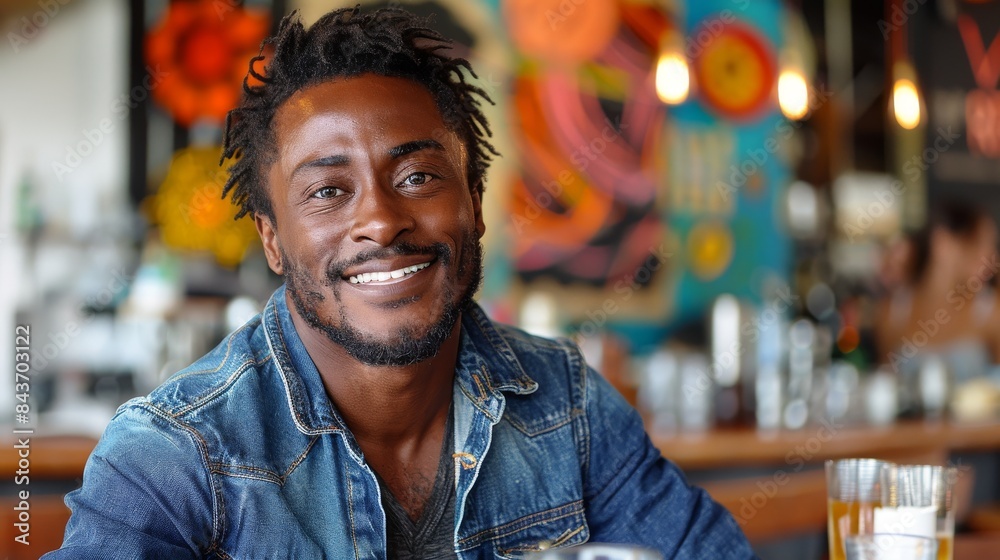 A cheerful man in a denim jacket sitting in a cafe with a friendly, engaging smile A cheerful man in a denim jacket sitting in a cafe with a friendly, engaging smile