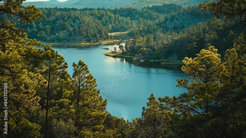 Piękny widok na krajobraz lasu sosnowego i widok na jezioro zbiornika.
