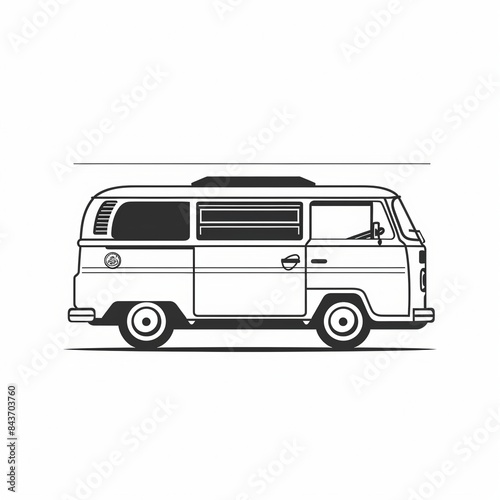 Line drawing of camper van over white background.