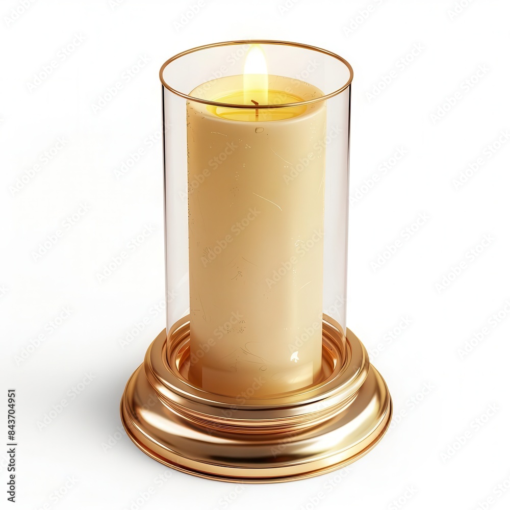 A lit candle in a glass holder with a gold base. A lit candle in a glass holder with a gold base.