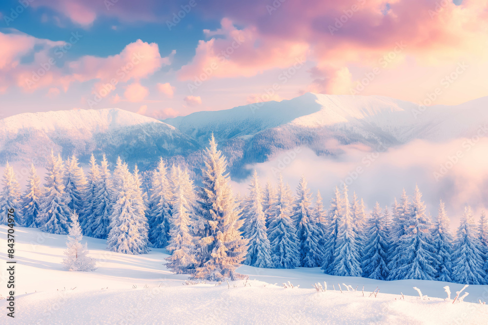 Impressive winter morning in Carpathian mountains with snow covered fir trees. Colorful outdoor scene, Happy New Year celebration concept. Impressive winter morning in Carpathian mountains with snow covered fir trees. Colorful outdoor scene, Happy New Year celebration concept.