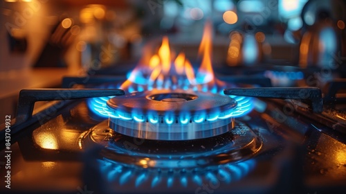 Gas stove burner detail showing a mix of blue and orange flames indicating efficient combustion on a cooktop