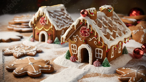 A mouthwatering 3D render of a festive Christmas scene featuring gingerbread cookies and a pair of beautifully decorated gingerbread houses photo