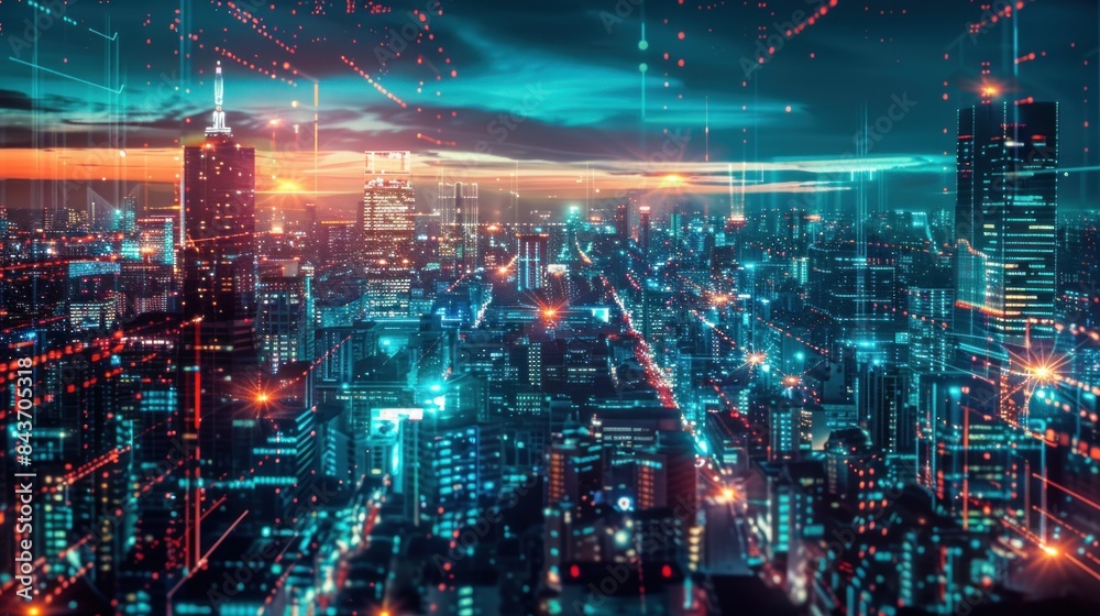 At night, the futuristic cityscape features urban innovation, smart cities, advanced infrastructure, and neon lights.