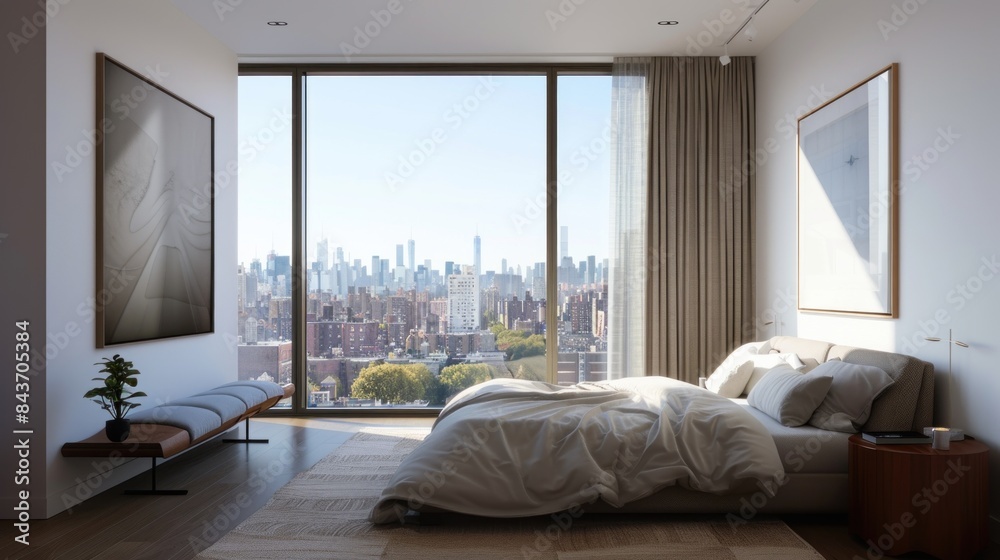 Fototapeta premium In this 3D rendering AI, a spacious bedroom featuring a centered artwork frame and a cityscape view embodies the modern living and art concept.