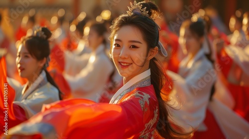A beautiful Chinese woman in traditional red and gold hanfu dress is dancing.