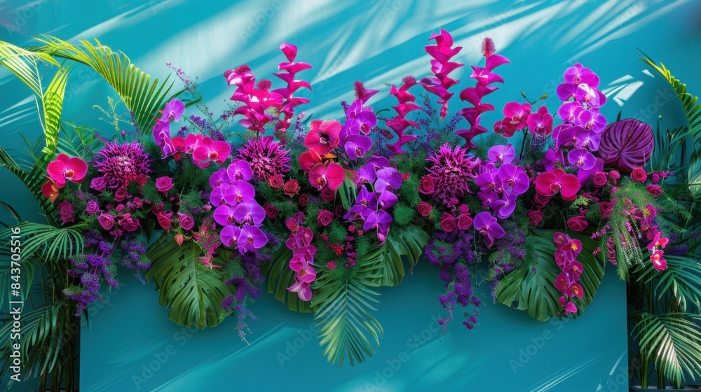 Fototapeta premium Tropical flowers in shades of fuchsia, purple, and turquoise cascade down the sides of the podium, creating a striking and memorable display.