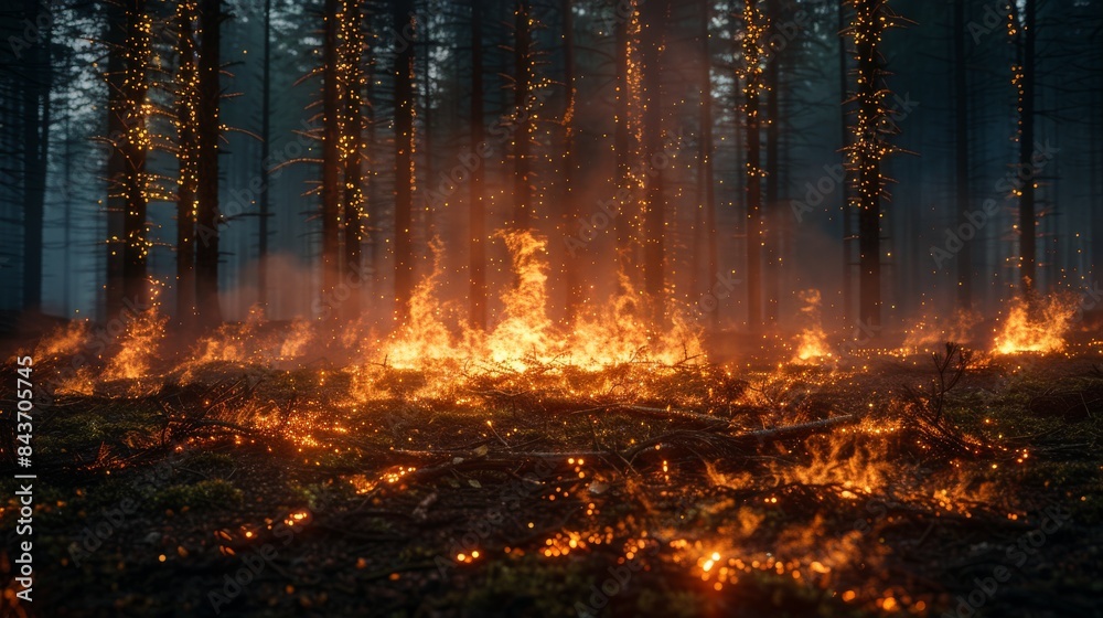 A ground-level perspective of a wildfire spreading across forest floor among the trees A ground-level perspective of a wildfire spreading across forest floor among the trees