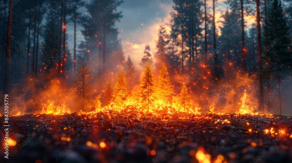 Intense image showing a wildfire progressing through a dense spruce forest under a cloudy sky Intense image showing a wildfire progressing through a dense spruce forest under a cloudy sky