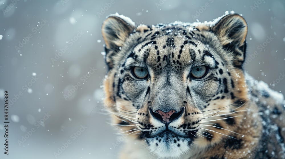 Naklejka premium Face portrait of snow leopard - Irbis (Panthera uncia) on snowy background