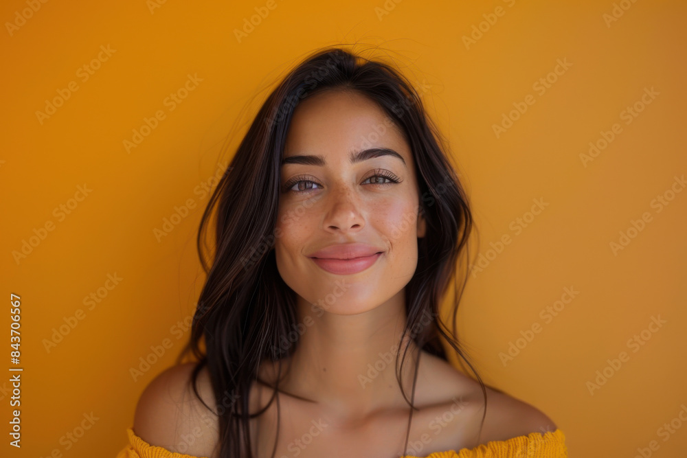 A close up portrait of a young woman with a subtle smile A close up portrait of a young woman with a subtle smile