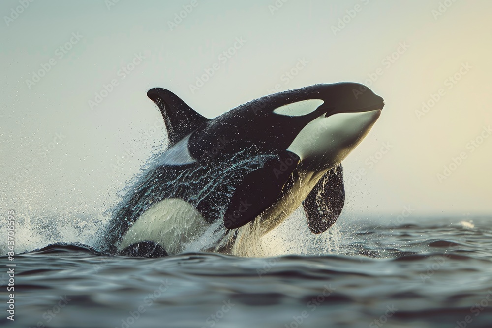 Fototapeta premium Jumping orca whale over water, Pacific ocean.