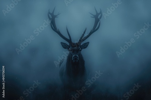 Majestic red deer stag with impressive antlers standing in a foggy forest landscape © Lubos Chlubny
