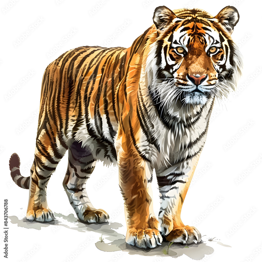 Obraz premium Clipart illustration of tiger on a white background. Suitable for crafting and digital design projects.[A-0002]