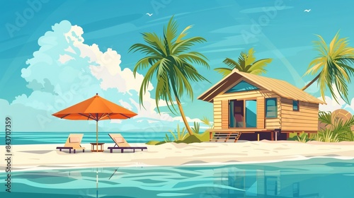 Vector illustration of beautiful scenic landscape of tropical sea beach. © Joyce