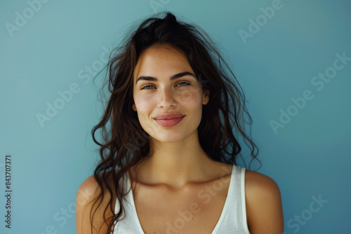 A close up portrait of a young woman with a subtle smile