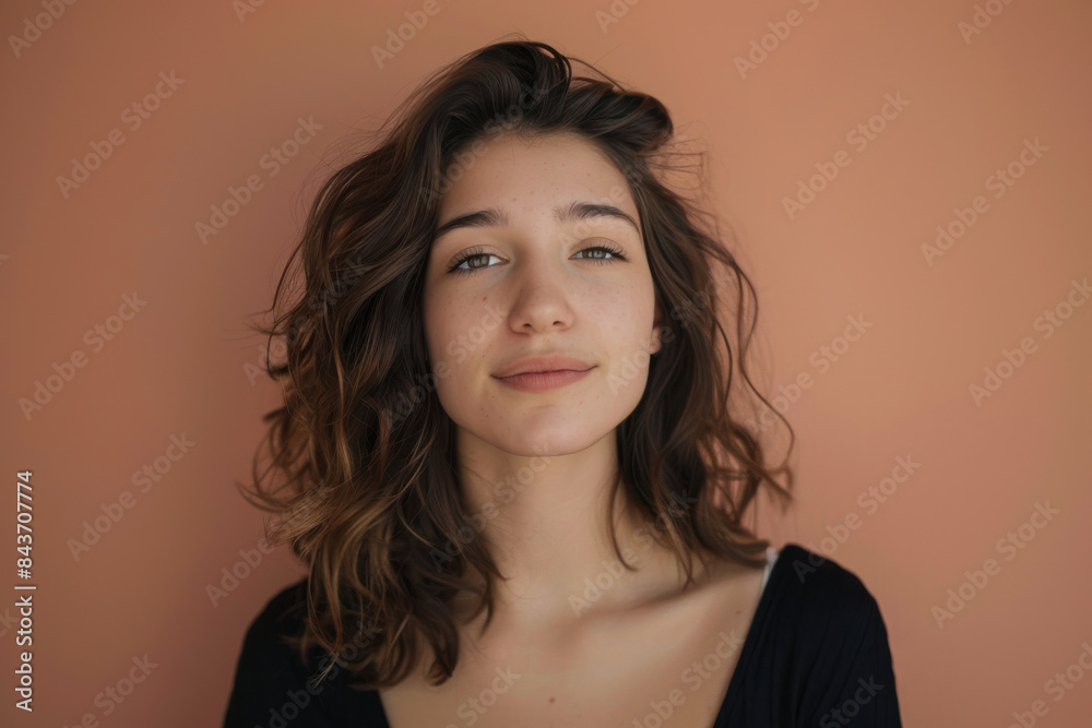 A close up portrait of a young woman with a subtle smile A close up portrait of a young woman with a subtle smile